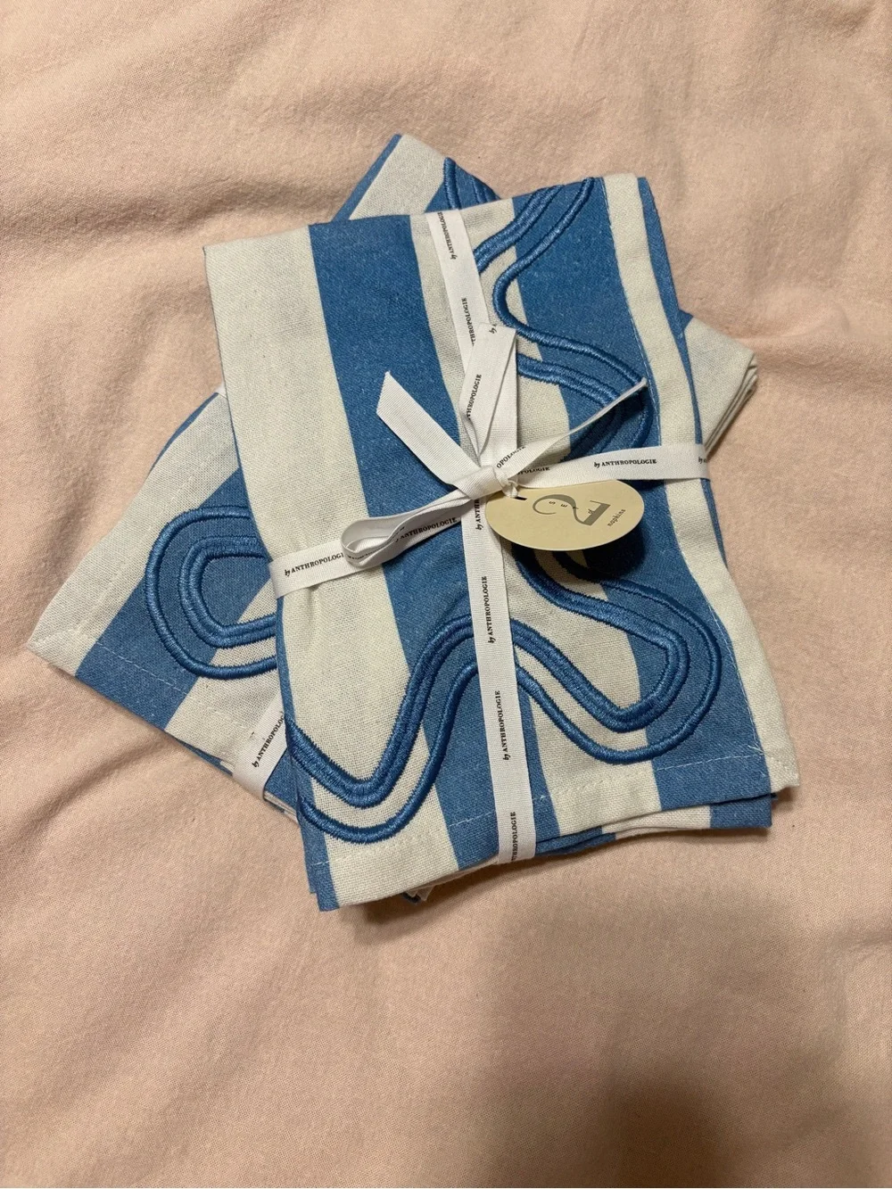 Anthropologie Madeline Striped Embroidered Dinner Napkins Set of 4